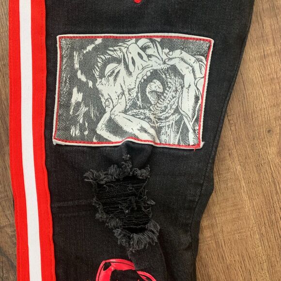 Sugarhill Malice Skinny Jeans Destroyed Black Red Hip Hop Grunge Dark 32x32 - Picture 6 of 16